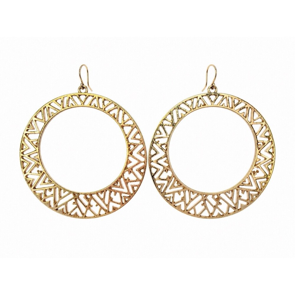 Vintage Gold Tone Geometric Cutout Hoop Dangle Earrings Boho Statement Retro
